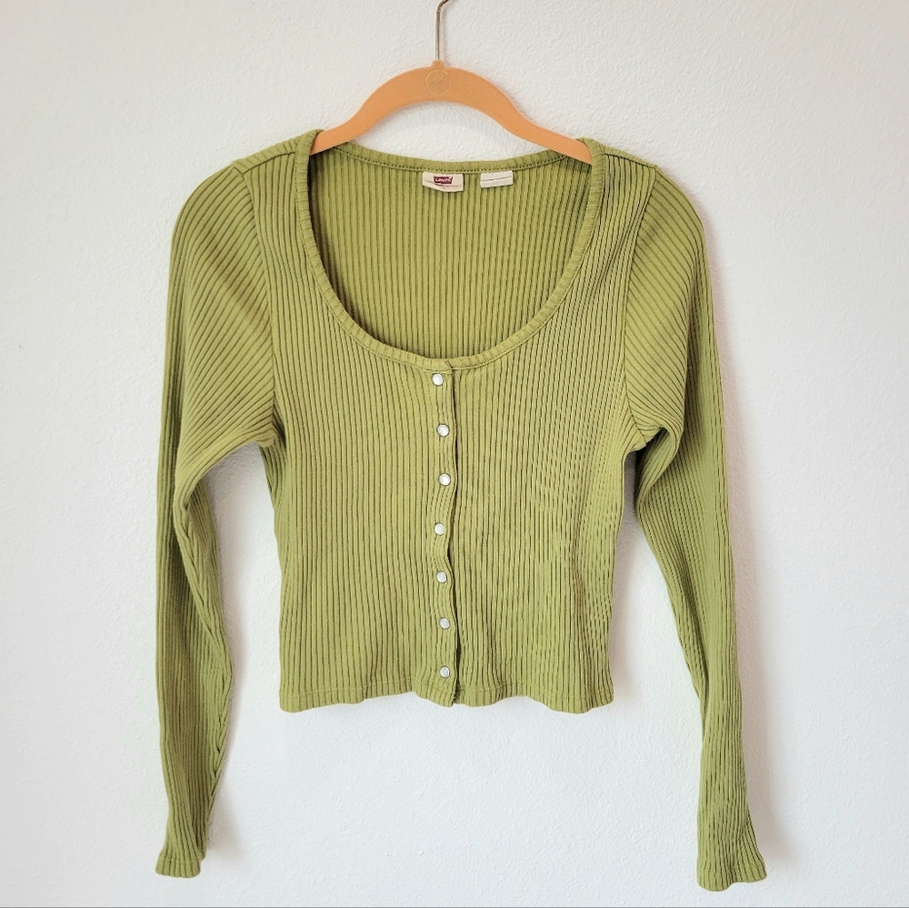 Levi’s Chartreuse Ribbed Button Front Cropped Long Sleeve Shirt Women’s M